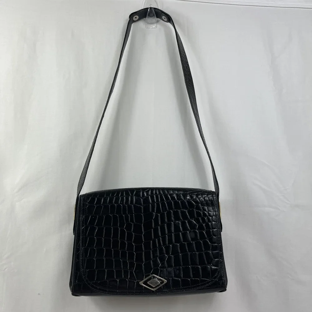 Vintage Crocodile Leather Handbag with ,Gold Hardware,Leather Inside, Black‎